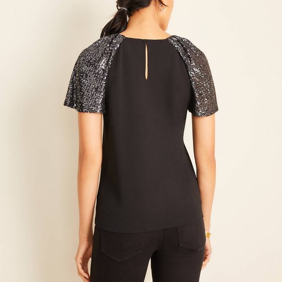 Ann Taylor Sequin Flutter Sleeve Top - Picture 2 of 8